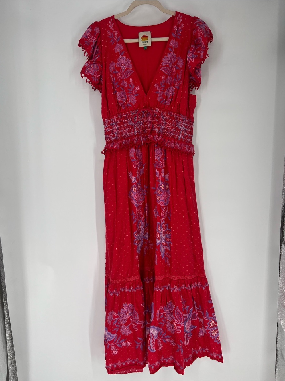 FARM Rio Red Colorful Tropical Smocked Ruffled Short Sleeve V Neck Maxi Dress L